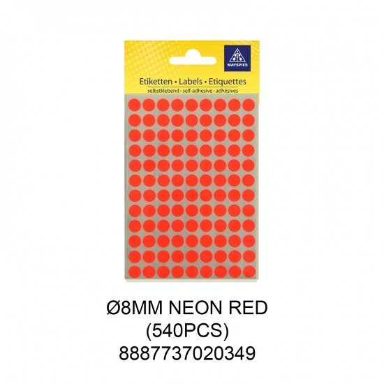 MAYSPIES MS008 COLOUR DOT LABEL / 5 SHEETS/PKT / 540PCS/ ROUND 8MM NEON RED
